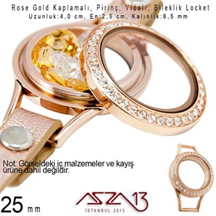 25 mm Rose Altın, Kristal Taşlı, Yuvarlak, Vida Kilitli Bileklik Ortası (Locket Pendant)