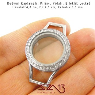 25 mm Rodyum, Kristal Taşlı, Yuvarlak, Vida Kilitli Bileklik Ortası (Locket Pendant)