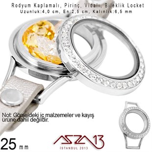 25 mm Rodyum, Kristal Taşlı, Yuvarlak, Vida Kilitli Bileklik Ortası (Locket Pendant)