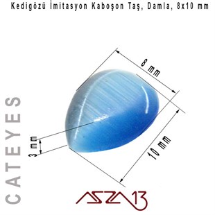 Mavi-Sarı Renk Kedigözü 8x10/3 mm Damla İmitasyon Cam Kaboşon / Paket İçeriği 6 Adet