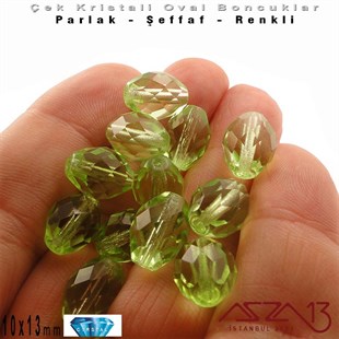 Çek Kristal, Oval Boncuk - 13x10 mm - Peridot - 12 Adet