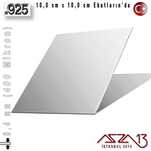925 Ayar - 0,4 mm (400 Mikron) Kalınlıkta Gümüş Plaka - 10,0 cm / 10,0 cm Ebatlarında