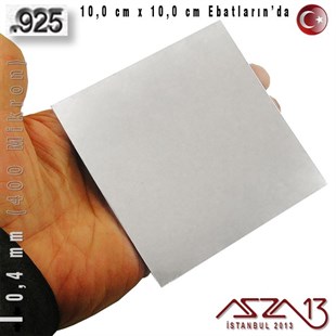 925 Ayar - 0,4 mm (400 Mikron) Kalınlıkta Gümüş Plaka - 10,0 cm / 10,0 cm Ebatlarında