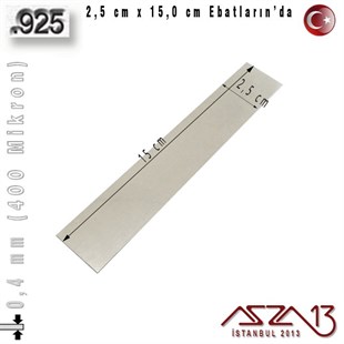 925 Ayar - 0,4 mm (400 Mikron) Kalınlıkta Gümüş Plaka - 2,5 cm / 15,0 cm Ebatlarında