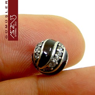 925 K Gümüş Kristal Taşlı, Siyah Mineli Yuvarlak 10 mm Tespih Boncuk / Paket İçeriği 1 Adet