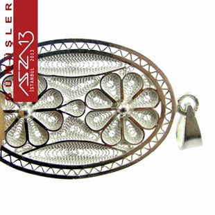 3,2x2,3 cm Dikey İki Çiçek Motifli Oval, 925 Gümüş Telkari Kolye Ucu Fligran (5,65 gr)