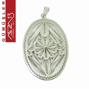 3,8x2,8 cm Tek Çiçek Motifli Oval, 925 Gümüş Telkari Kolye Ucu Fligran (7,80 gr)