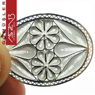 3,8x2,8 cm Yatay İki Çiçek Motifli Oval, 925 Gümüş Telkari Kolye Ucu Fligran (7,85 gr)