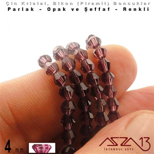 4x4 mm - Kristal - Şeffaf Amethyst - Bikon (Piramit) Boncuk / 115 Adet