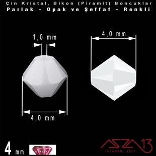 4x4 mm - Kristal - Opak Beyaz - Bikon (Piramit) Boncuk / 115 Adet