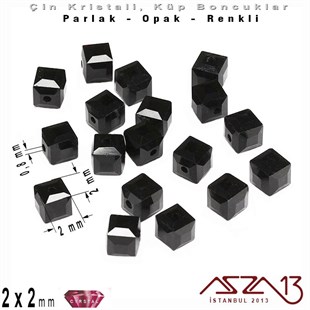 2x2 mm - Kristal - Opak Siyah - Küp Boncuk / 195 Adet