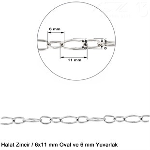 Zincir - Halat Tip - Oval 6 mm - Nikel Kaplama / 1 Metre