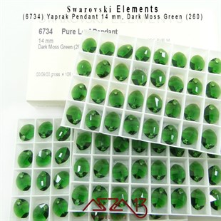 6734 260 (Dark Moss Green) Pure Leaf Pendant (Koyu Yeşil Renk, Yaprak Şekilli Uç) 14 mm / 2 Adet