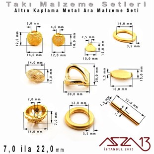 Altın Kaplama - 7,0 ila 22,0 mm - Metal Ara Malzeme Seti / 10 Çeşit - 45 gr