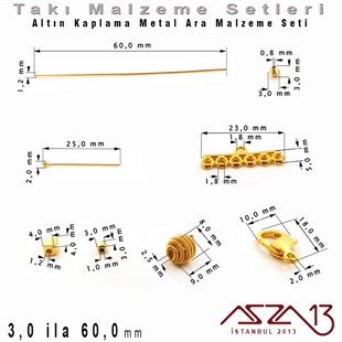 Altın Kaplama - 3,0 ila 60,0 mm - Metal Ara Malzeme Seti / 8 Çeşit - 30 gr