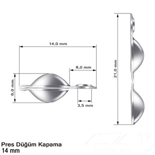 Kapama (Düğüm) - Tek Kulp ve  Pres - 14 mm - Rodyum Renk Kaplama / 20 Adet 