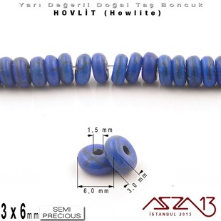 6 mm - Disk - Düz Yüzey - Koyu Mavi Hovlit (Howlite) Boncuk / 60 Adet