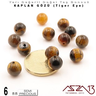 6 mm - Yuvarlak - Kahve, Düz Yüzey - Kaplan Gözü (Tiger Eye) / 13 Adet