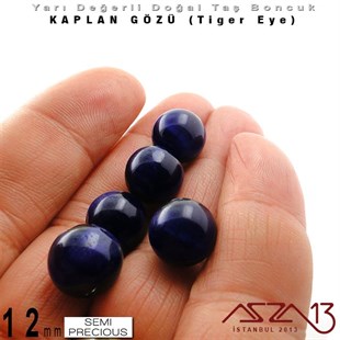12 mm - Yuvarlak - K. Mavi, Düz Yüzey - Kaplan Gözü (Tiger Eye) / 5 Adet