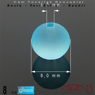 Yuvarlak - 8 mm - Neon Mavi - Yarı Şeffaf - Buzlu Yüzey - Cam Boncuk / 30 Adet